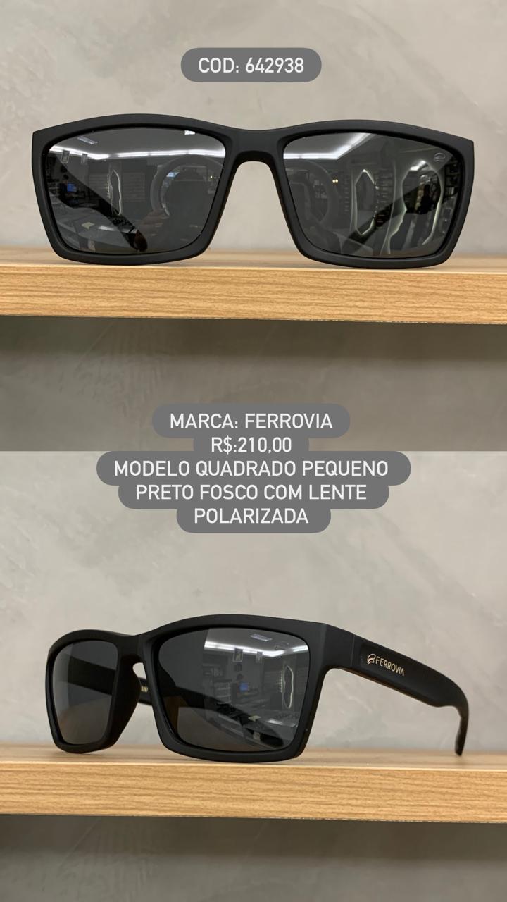 Óculos de Sol Ferrovia Masculino Preto Fosco Pequeno com Lente Preta Polarizada em Acetato 642938