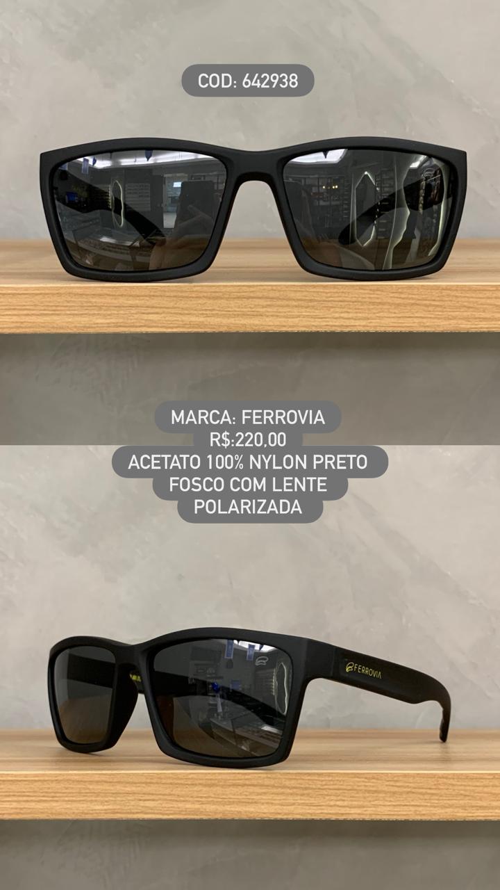 Óculos de Sol Ferrovia Masculino Preto Fosco Pequeno com Lente Preta Polarizada em Acetato 642938