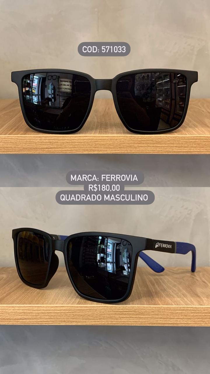 Óculos de Sol Ferrovia Masculino Preto Fosco Quadrado com Lente Preta em Acetato detalhe Azul  571083