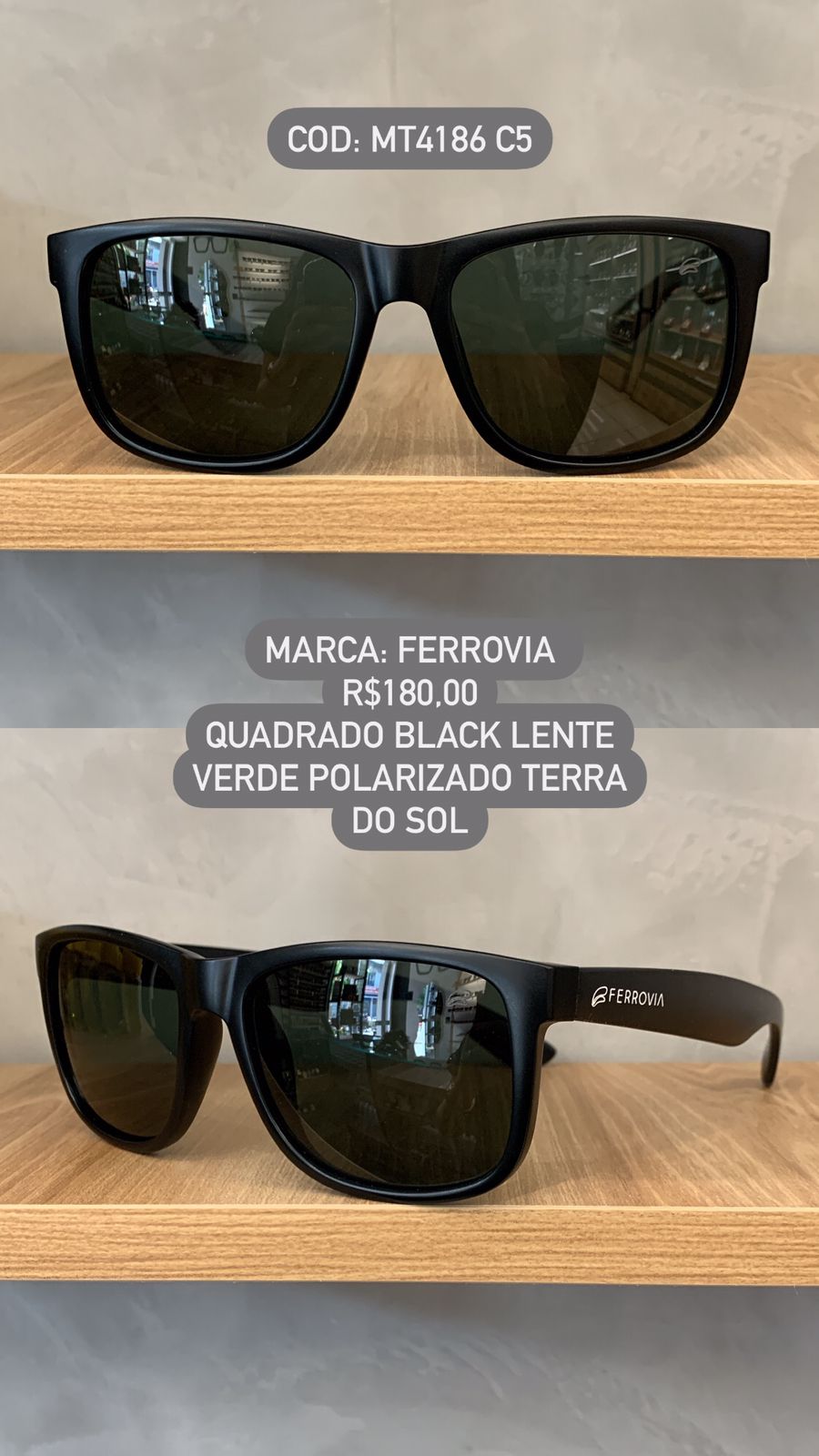 Óculos de Sol Ferrovia Masculino Preto Fosco Quadrado com Lente Verde Terra do Sol Polarizado em Acetato MT4186 C5