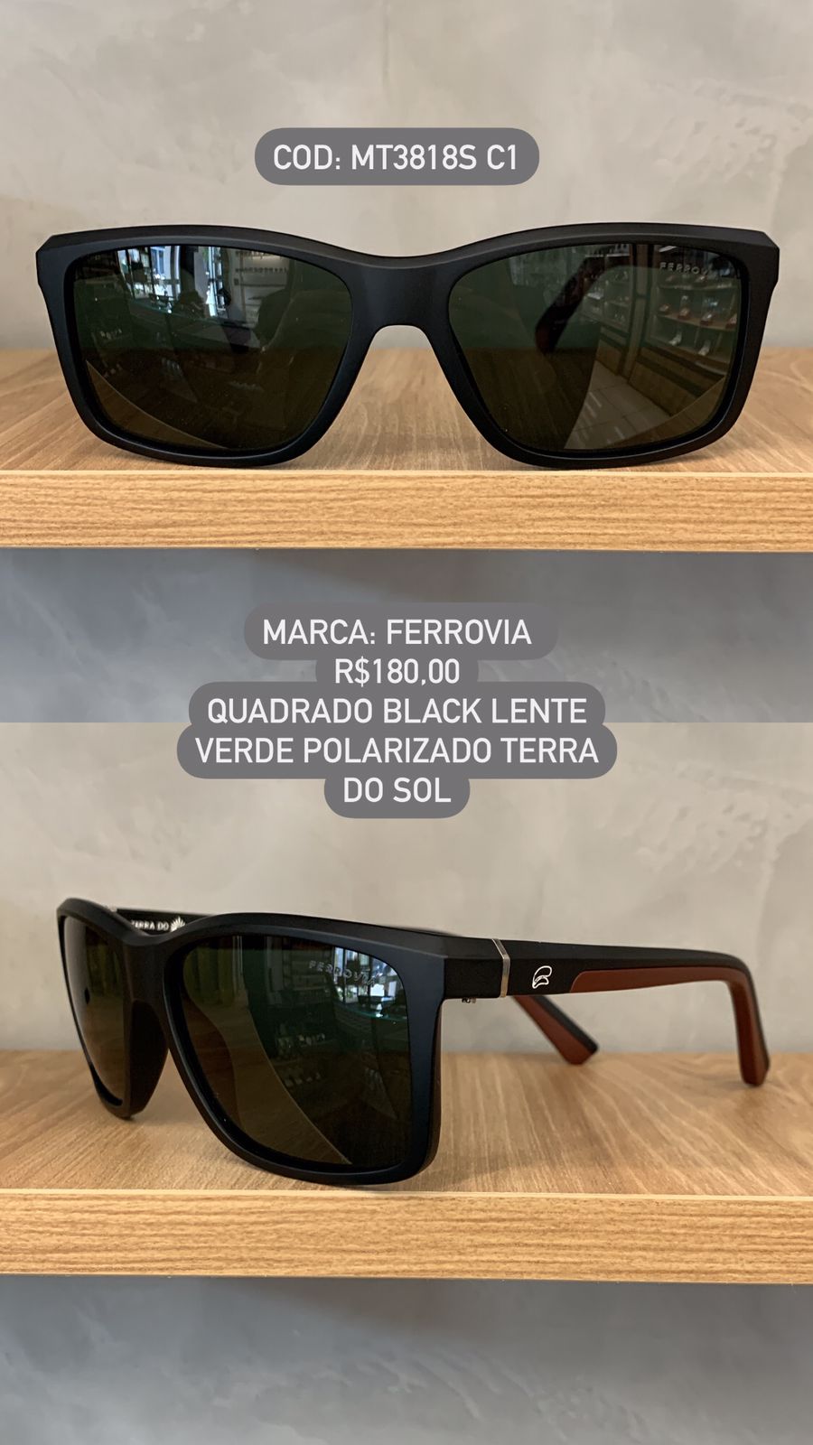 Óculos de Sol Ferrovia Masculino Preto Fosco Quadrado com Lente Verde Terra do Sol Polarizado em Acetato MT3818S C1