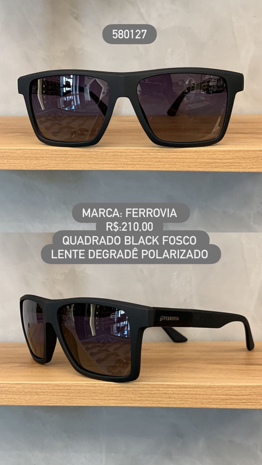 Óculos de Sol Ferrovia Masculino Preto Fosco Quadrado Lente Degrade Polarizado em Acetato 580127