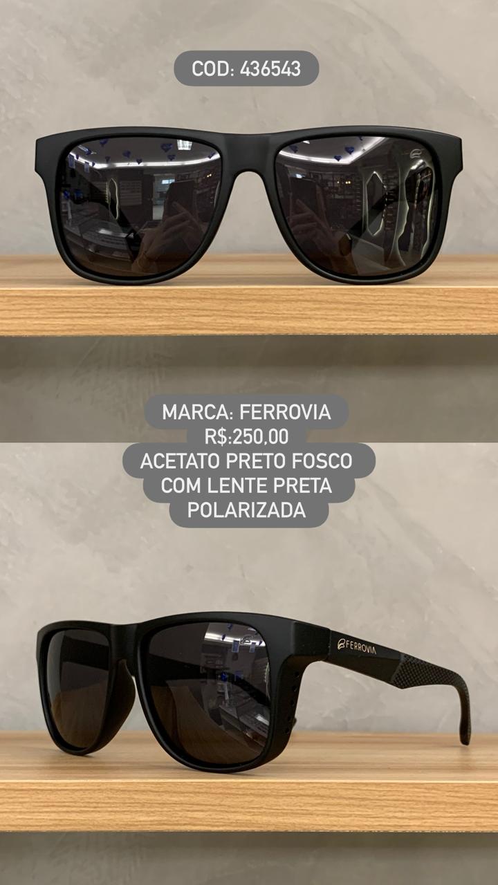 Óculos de Sol Ferrovia Masculino Preto Fosco Quadrado Lente Preta Acetato Polarizado 436543