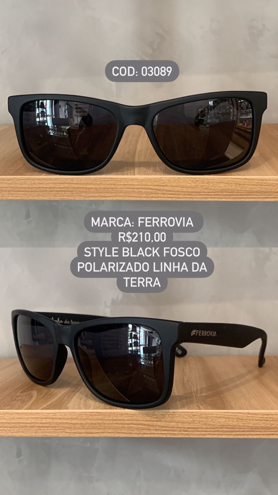 Óculos de Sol Ferrovia Masculino Preto Fosco Quadrado Lente Preta Acetato Polarizado Linha da Terra Feito a Mão 03089