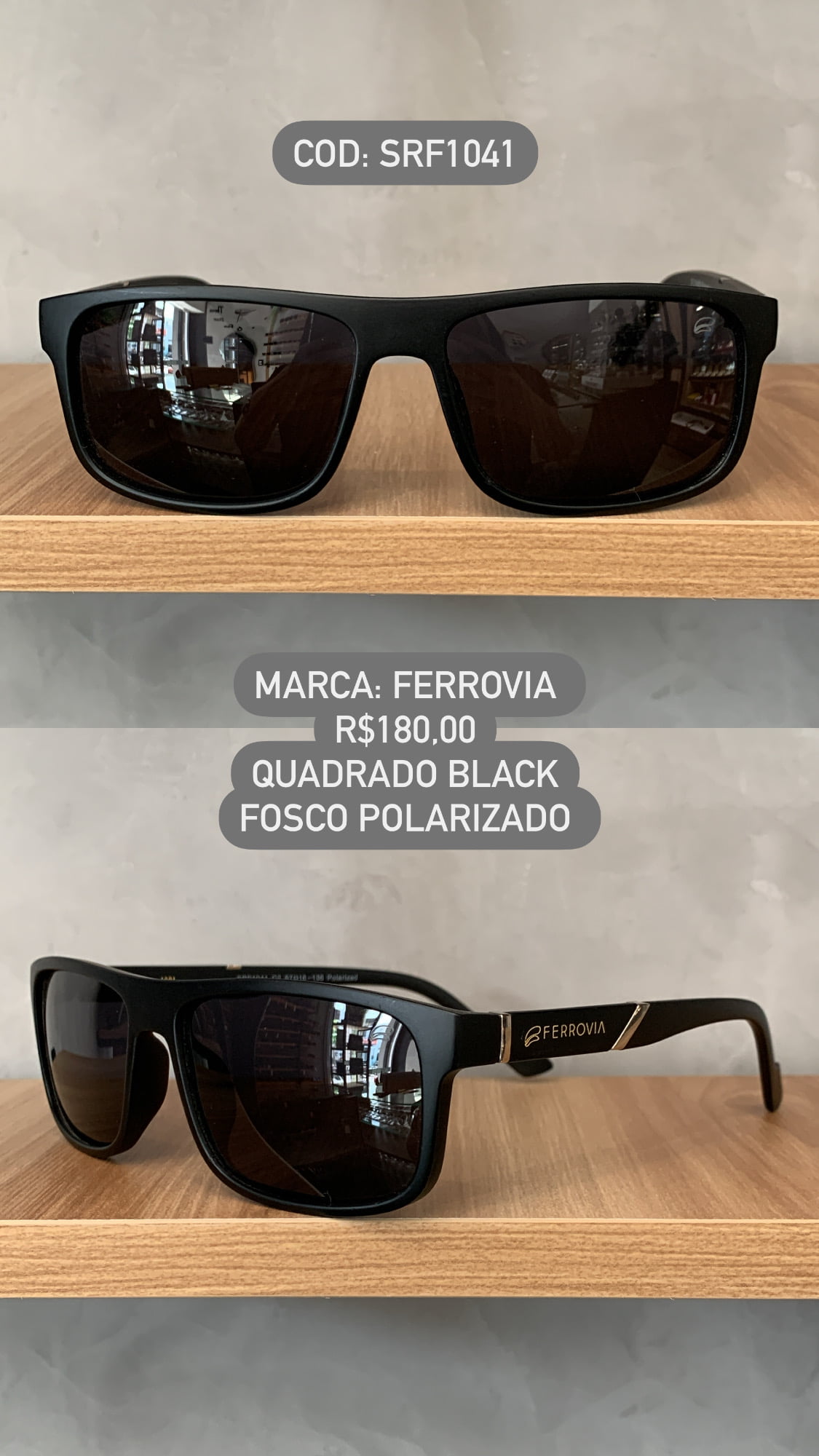 Óculos de Sol Ferrovia Masculino Preto Fosco Quadrado Lente Preta Acetato Polarizado SRF1041 C2 