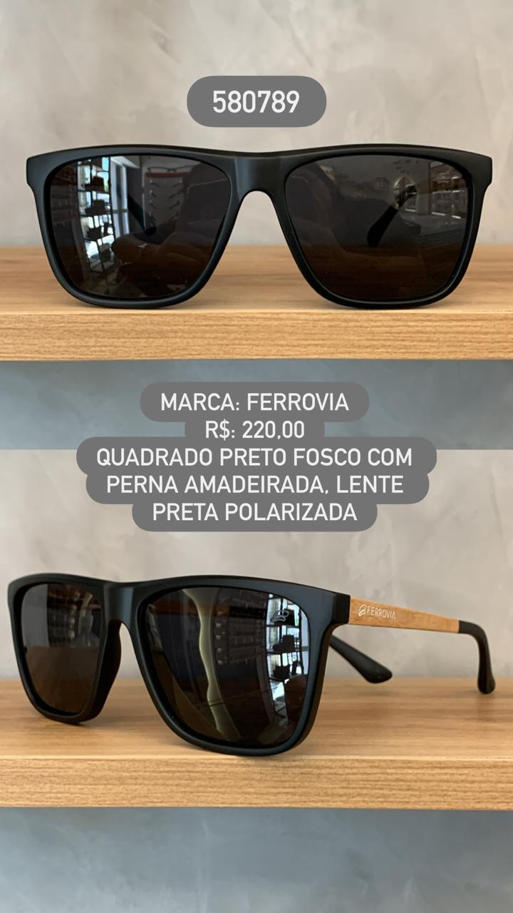 Óculos de Sol Ferrovia Masculino Preto Fosco Quadrado Lente Preta Polarizada Pernas Amadeiradas 580789