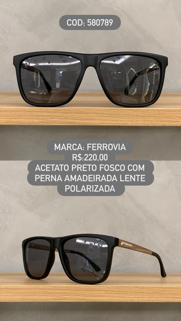 Óculos de Sol Ferrovia Masculino Preto Fosco Quadrado Lente Preta Polarizada Pernas Amadeiradas Escuro 580789