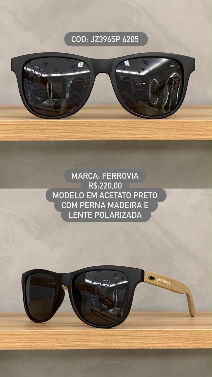 Óculos de Sol Ferrovia Masculino Preto Fosco Quadrado Lente Preta Polarizada Pernas Amadeiradas JZ3965P C7