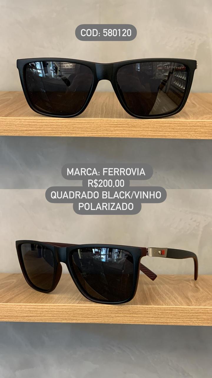 Óculos de Sol Ferrovia Masculino Preto fosco Quadrado Lente Preta Polarizado em Acetato 580120