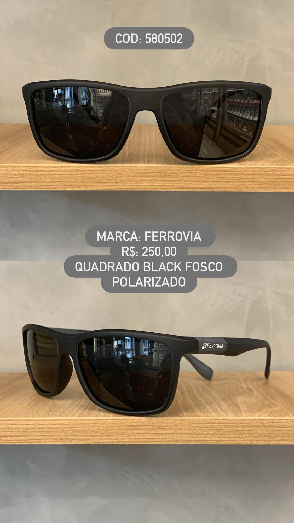Óculos de Sol Ferrovia Masculino Preto Fosco Quadrado Lente Preta Polarizado em Acetato 580502