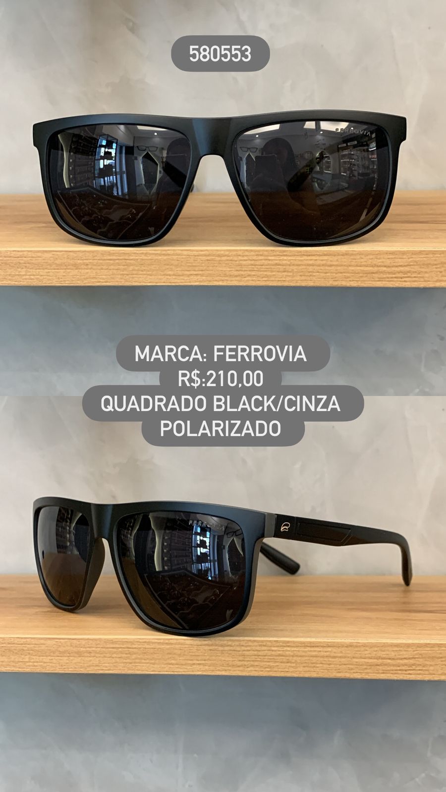Óculos de Sol Ferrovia Masculino Preto Fosco e Cinza Quadrado Lente Preta Polarizado em Acetato 580553