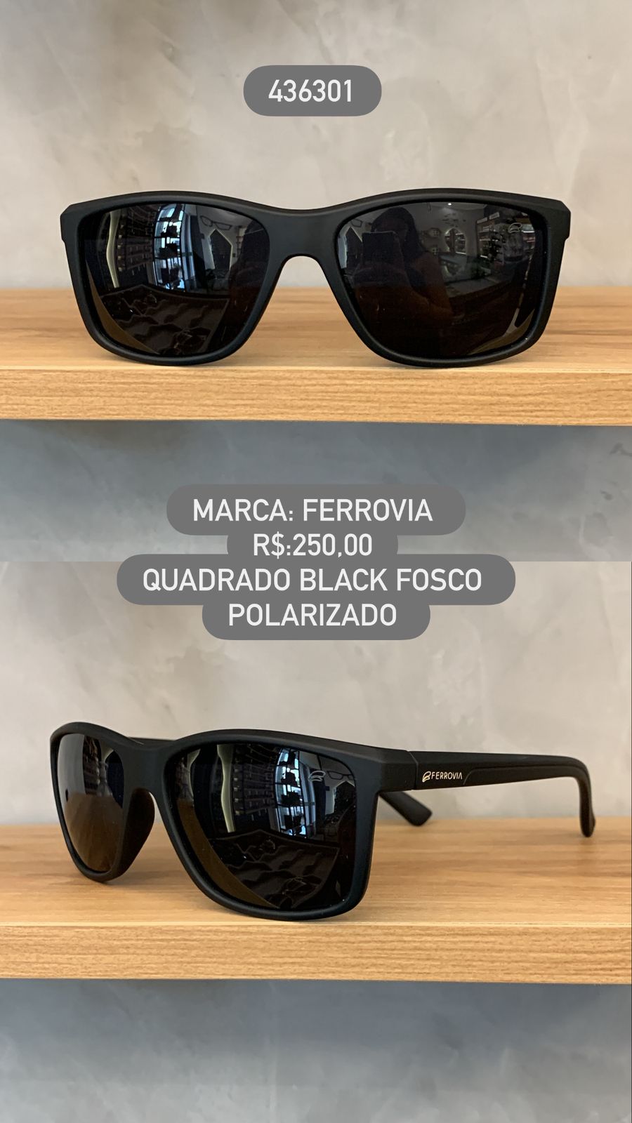 Óculos de Sol Ferrovia Masculino Preto Fosco Quadrado Polarizado Acetato 436301