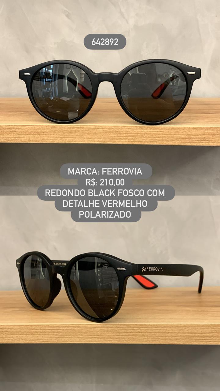 Óculos de Sol Ferrovia Masculino Preto Fosco Redondo lente preta Polarizada em Acetato 642892