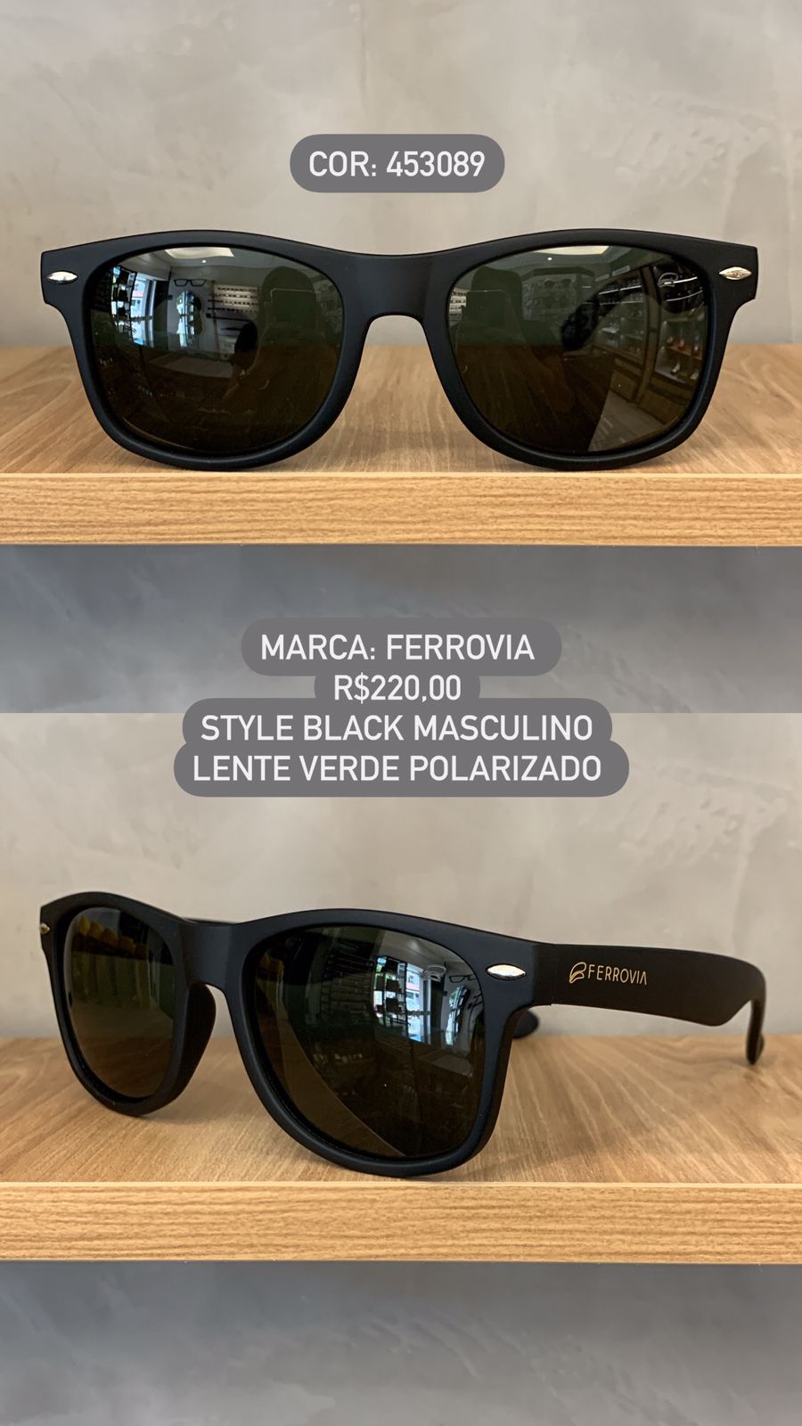 Óculos de Sol Ferrovia Masculino Preto Fosco Style com Lente Verde Flexível Polarizado em Acetato 453089