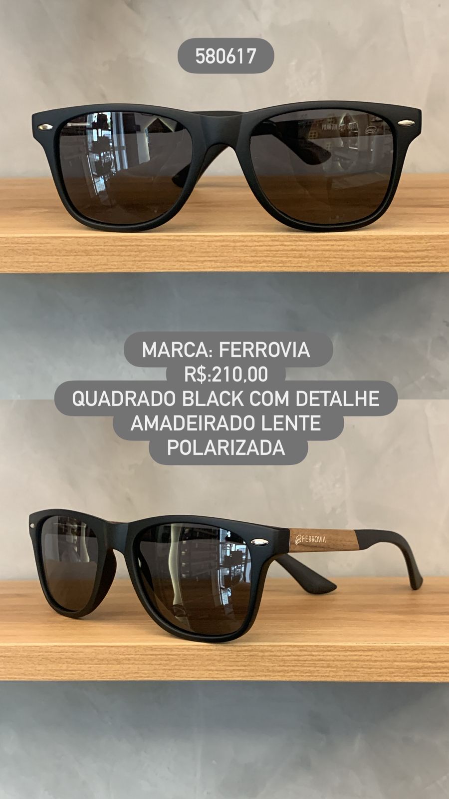 Óculos de Sol Ferrovia Masculino Preto Quadrado com Detalhe Amadeirado Lente Preta Polarizada 580617