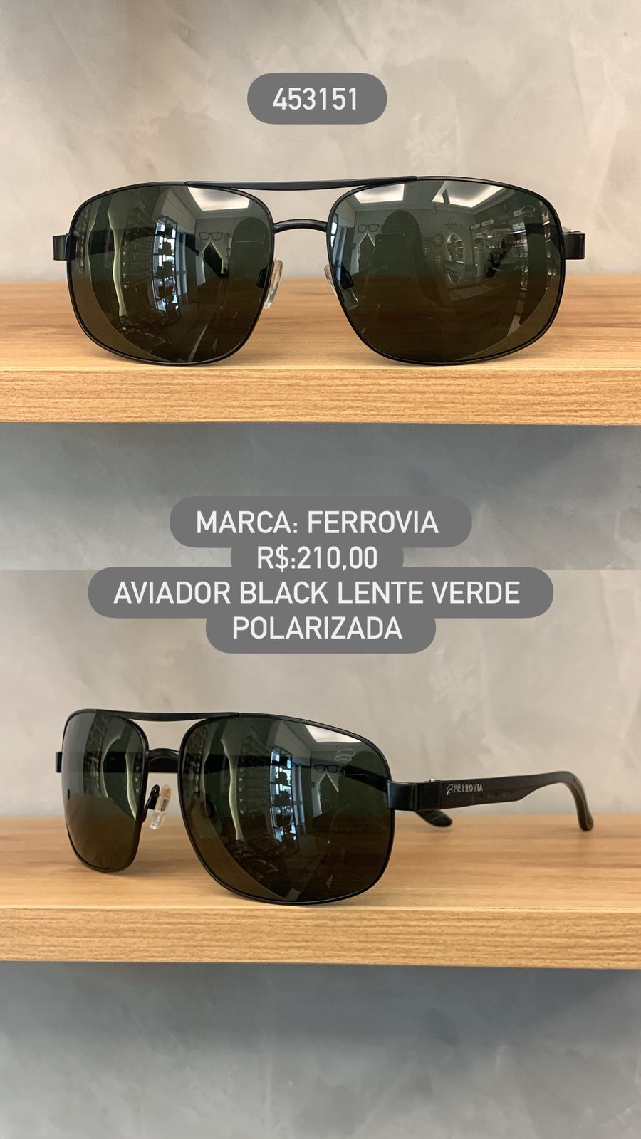 Óculos de Sol Ferrovia Masculino Preto Quadrado Ponte Alta com Lente Verde Polarizada em Metal 453151