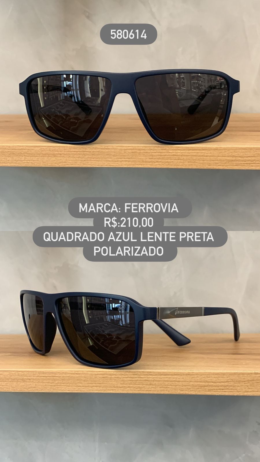 Óculos de Sol Ferrovia Masculino Quadrado Azul Lente Preta Polarizado em Acetato 580614