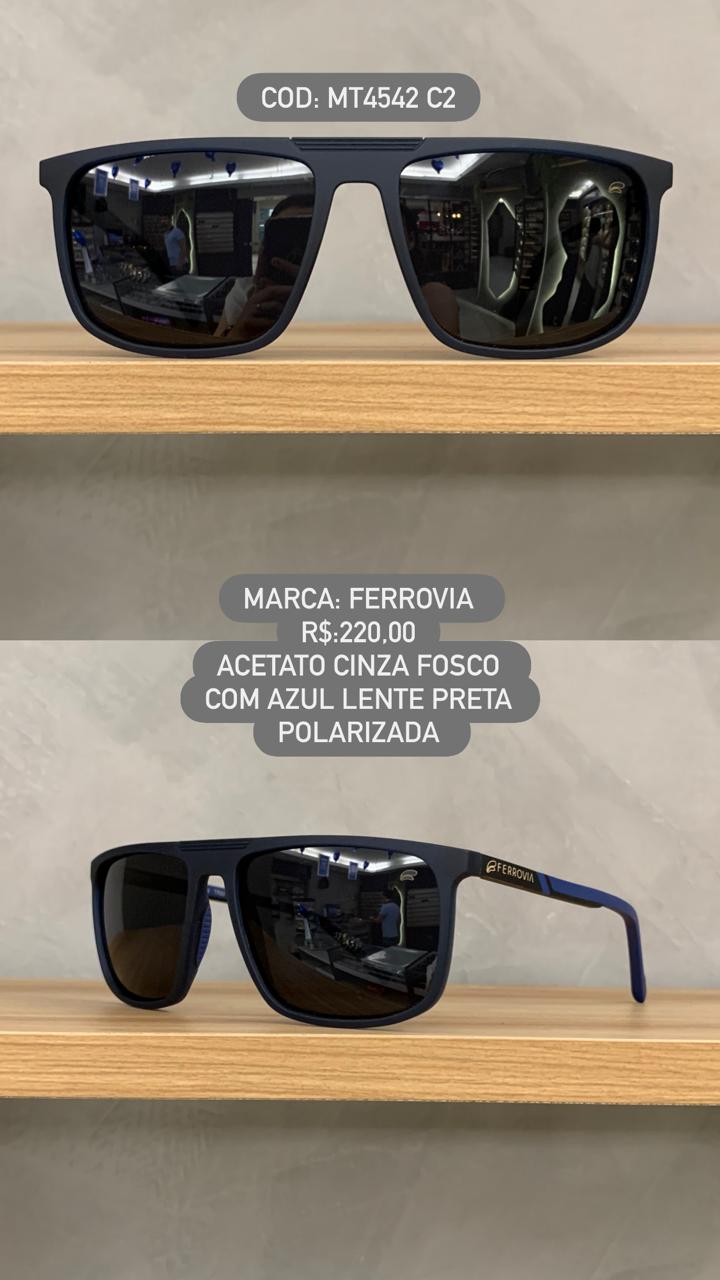 Óculos de Sol Ferrovia Masculino Quadrado Azul Lente Preta Polarizado em Acetato MT4542 C2