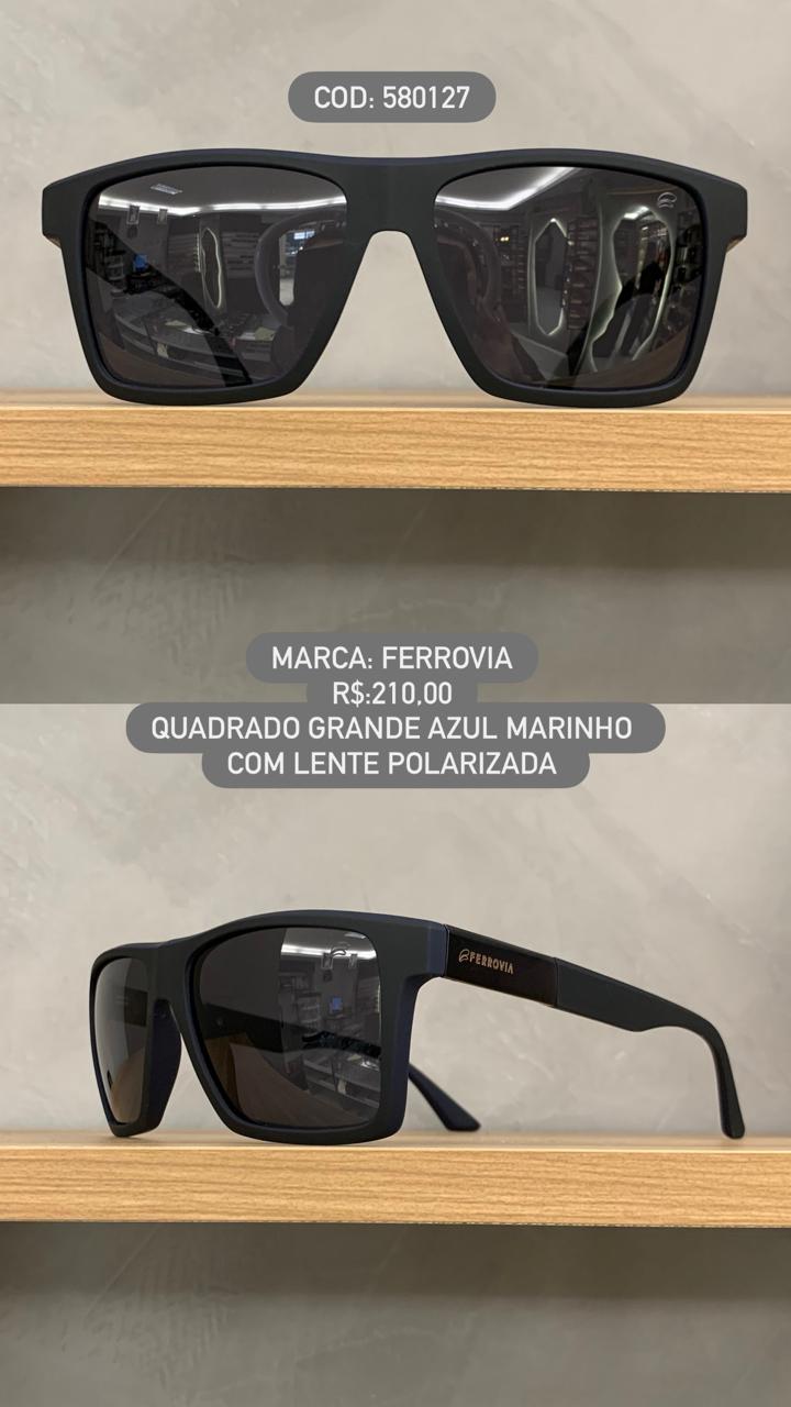 Óculos de Sol Ferrovia Masculino Quadrado Azul Marinho Fosco Lente Preta Polarizado em Acetato 580127