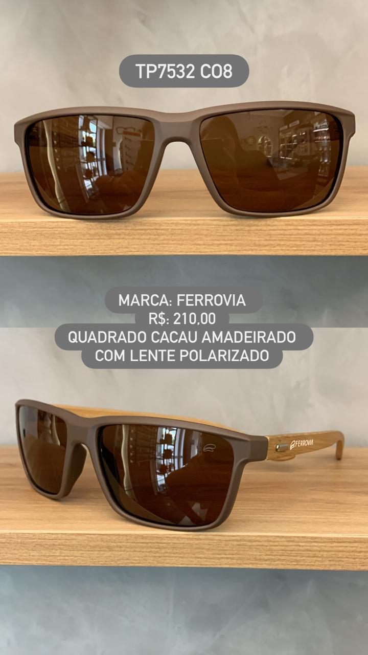 Óculos de Sol Ferrovia Masculino Quadrado Cacau Fosco com Lente Cacau Amadeirado em Acetato Polarizado TP7532 CO8