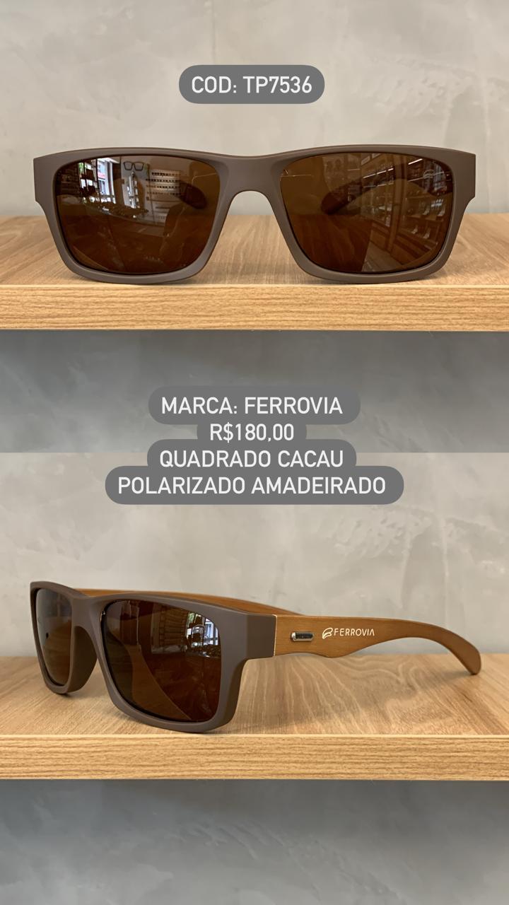 Óculos de Sol Ferrovia Masculino Quadrado Cacau Fosco com Lente Cacau Amadeirado em Acetato Polarizado TP7536 CO8