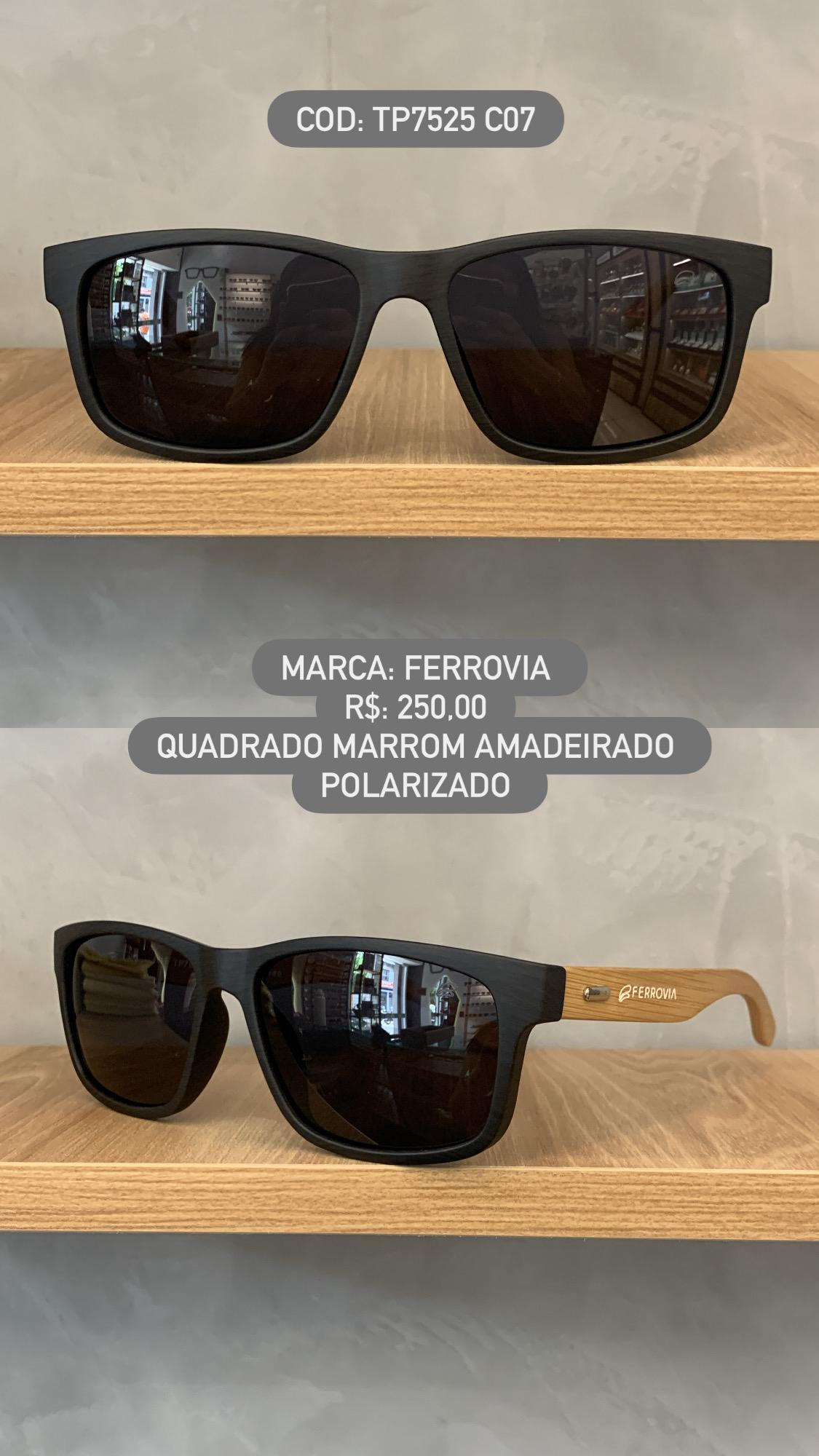 Óculos de Sol Ferrovia Masculino Quadrado Marrom Fosco com Lente Preta Amadeirado em Acetato Polarizado TP7525 C07