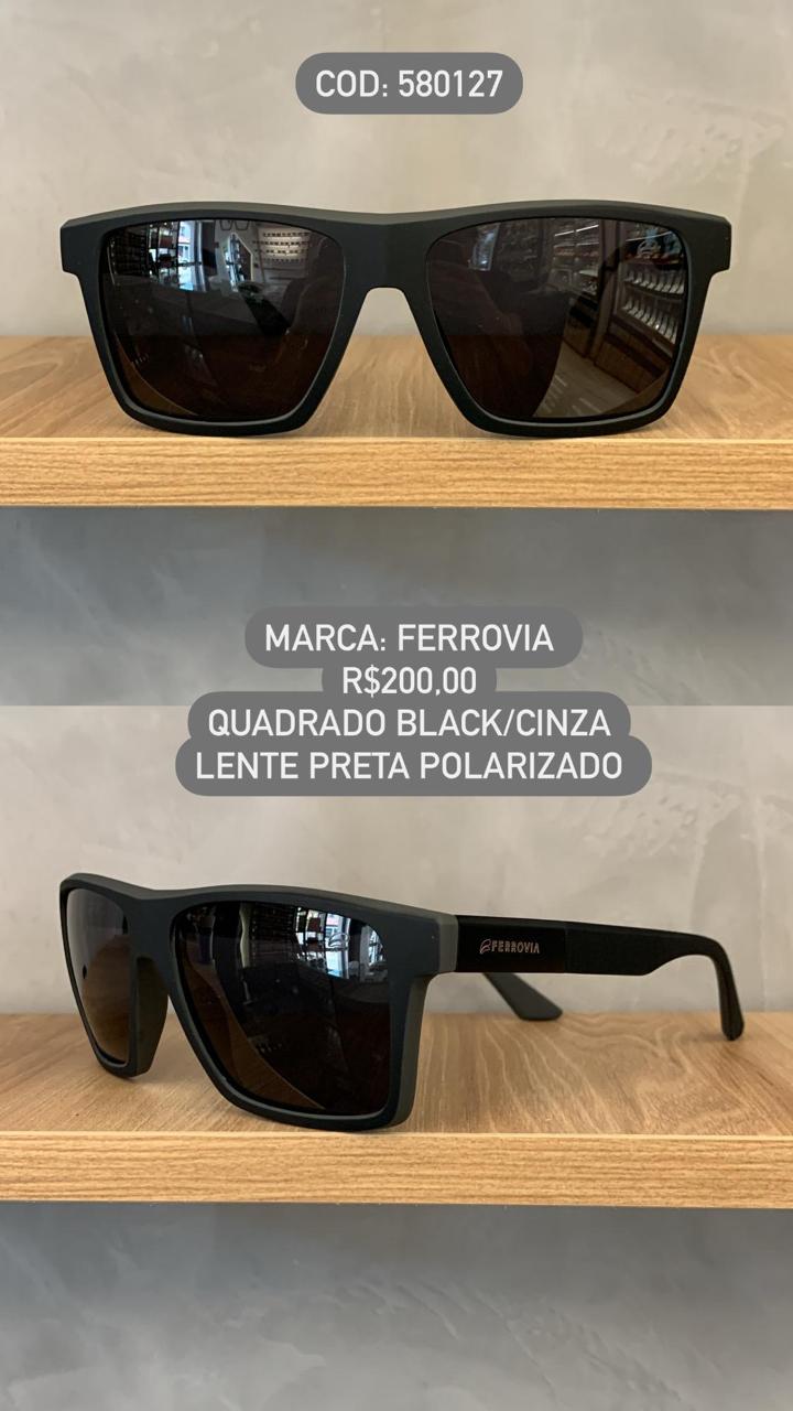 Óculos de Sol Ferrovia Masculino Quadrado Cinza Fosco Lente Preta Polarizado em Acetato 580127