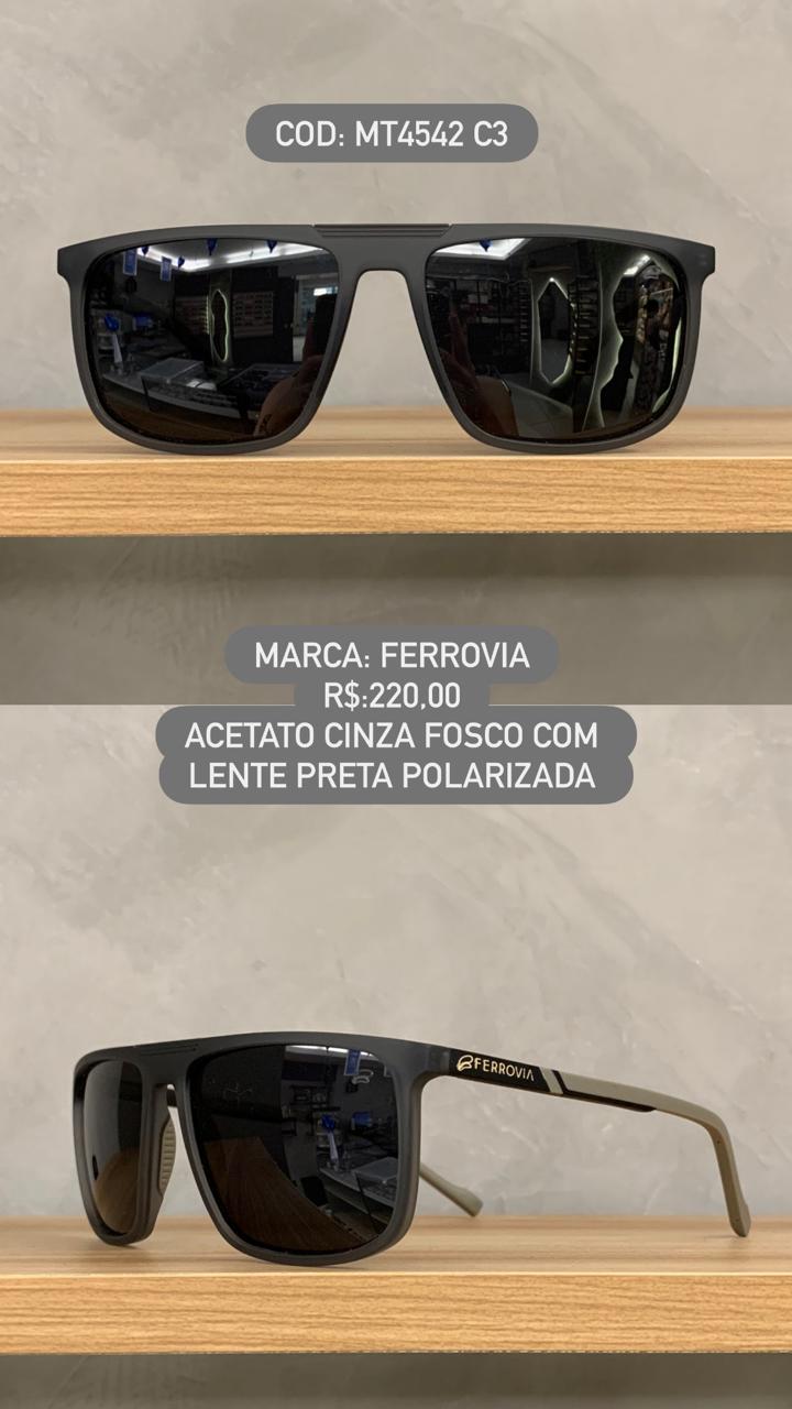 Óculos de Sol Ferrovia Masculino Quadrado Cinza Fosco Lente Preta Polarizado em Acetato MT4542 C3