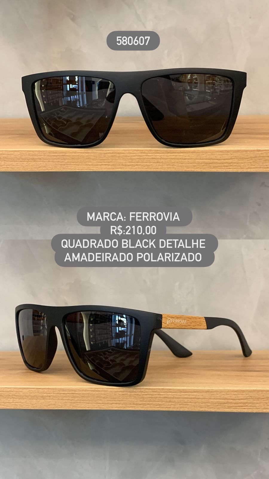 Óculos de Sol Ferrovia Masculino Quadrado Preto com Detalhe Amadeirado Lente Preta Polarizada 580607