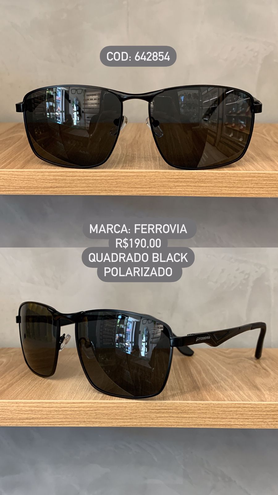 Óculos de Sol Ferrovia Masculino Quadrado Preto com Lente Preta Polarizado em Metal 642854