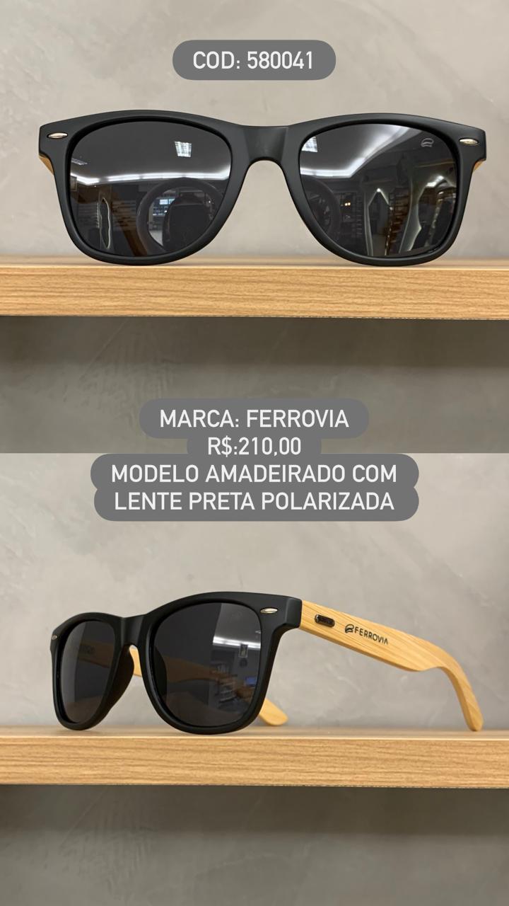 Óculos de Sol Ferrovia Masculino Quadrado Preto Fosco com Lente Preta Amadeirado em Acetato Polarizado 580041