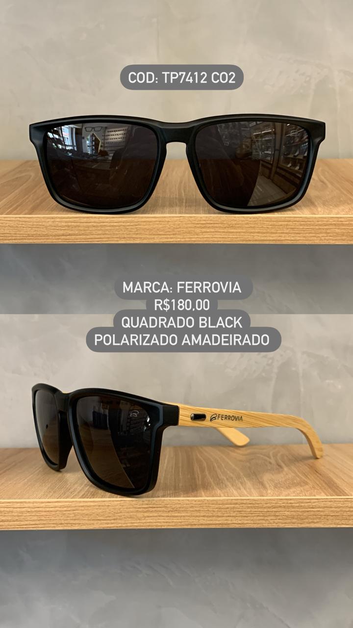 Óculos de Sol Ferrovia Masculino Quadrado Preto Fosco com Lente Preta Amadeirado em Acetato Polarizado TP7412 CO2