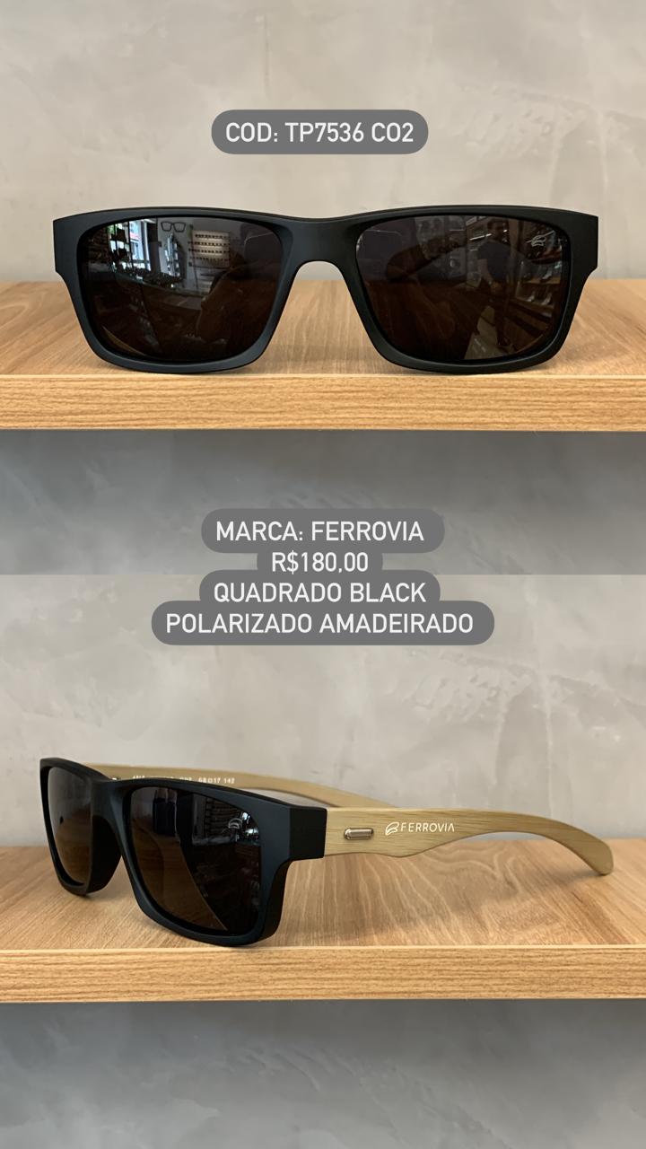 Óculos de Sol Ferrovia Masculino Quadrado Preto Fosco com Lente Preta Amadeirado em Acetato Polarizado TP7536 CO2