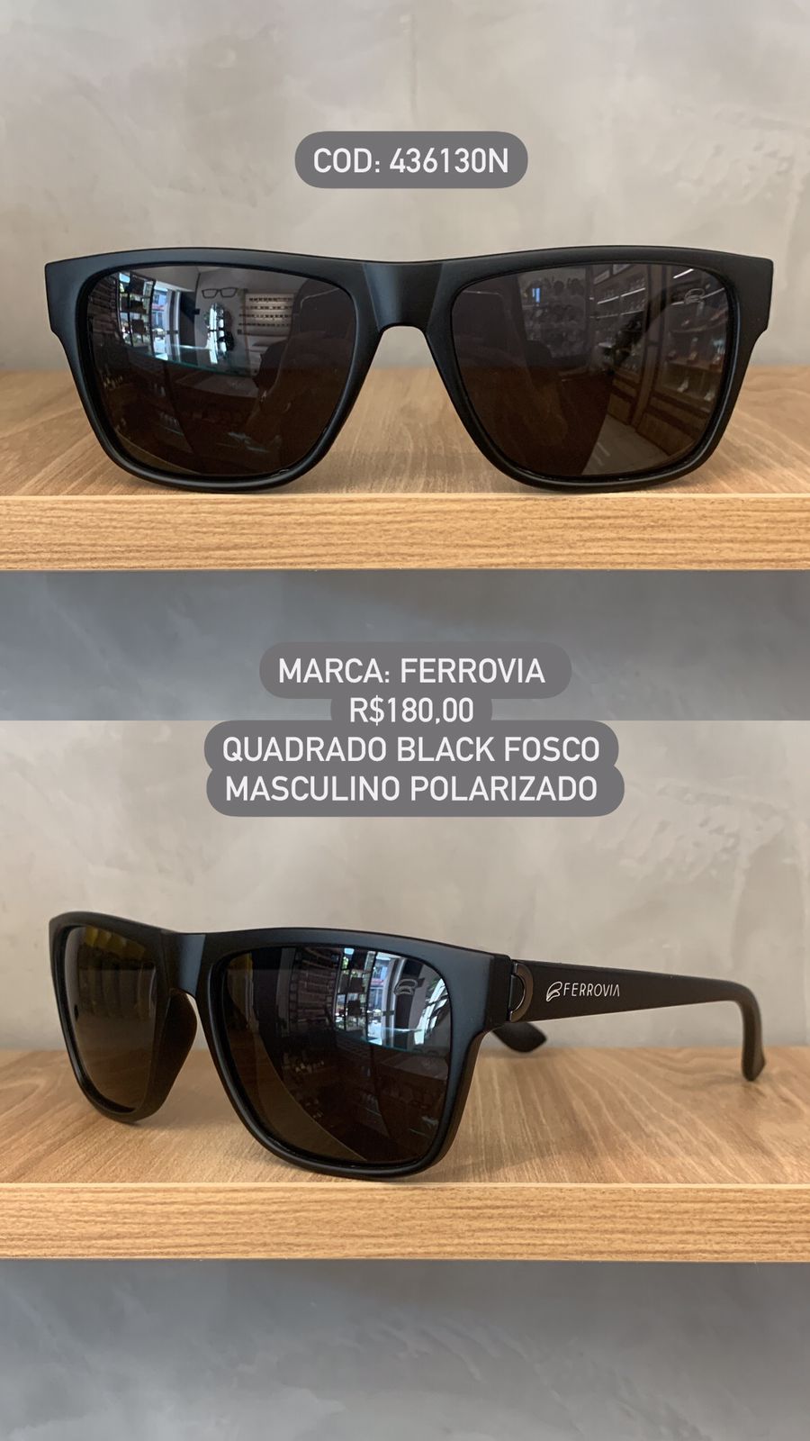 Óculos de Sol Ferrovia Masculino Quadrado Preto Fosco com Lente Preta Polarizado em Acetato 436130N