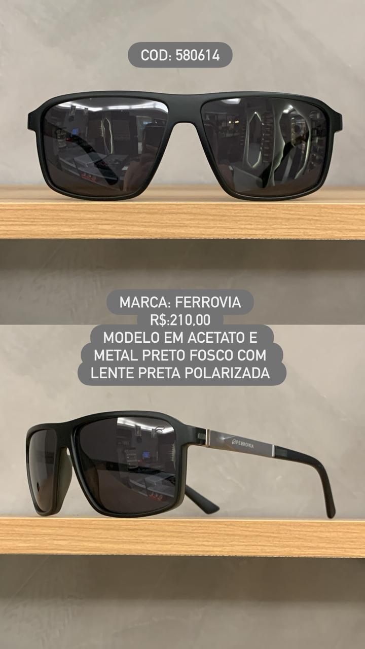 Óculos de Sol Ferrovia Masculino Quadrado Preto Fosco com  Lente Preta Polarizado em Acetato 580614