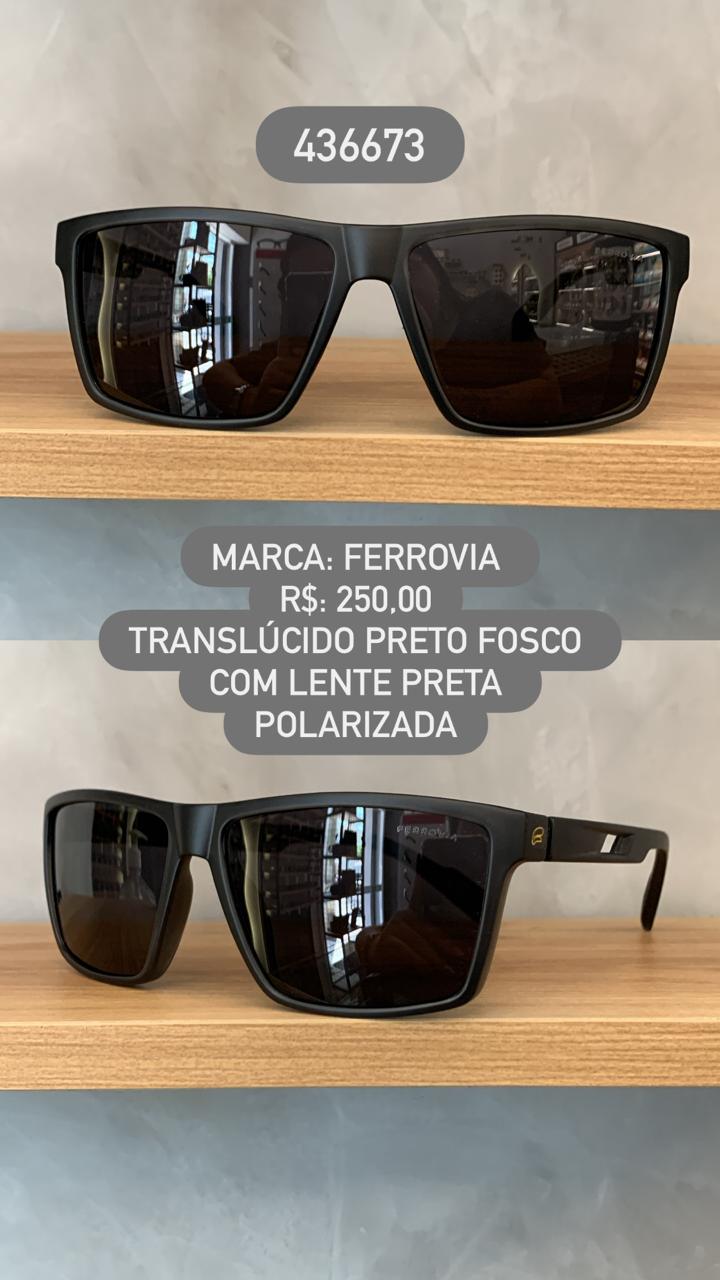 Óculos de Sol Ferrovia Masculino Translúcido Preto Quadrado Lente Preta Polarizado em Acetato 436673