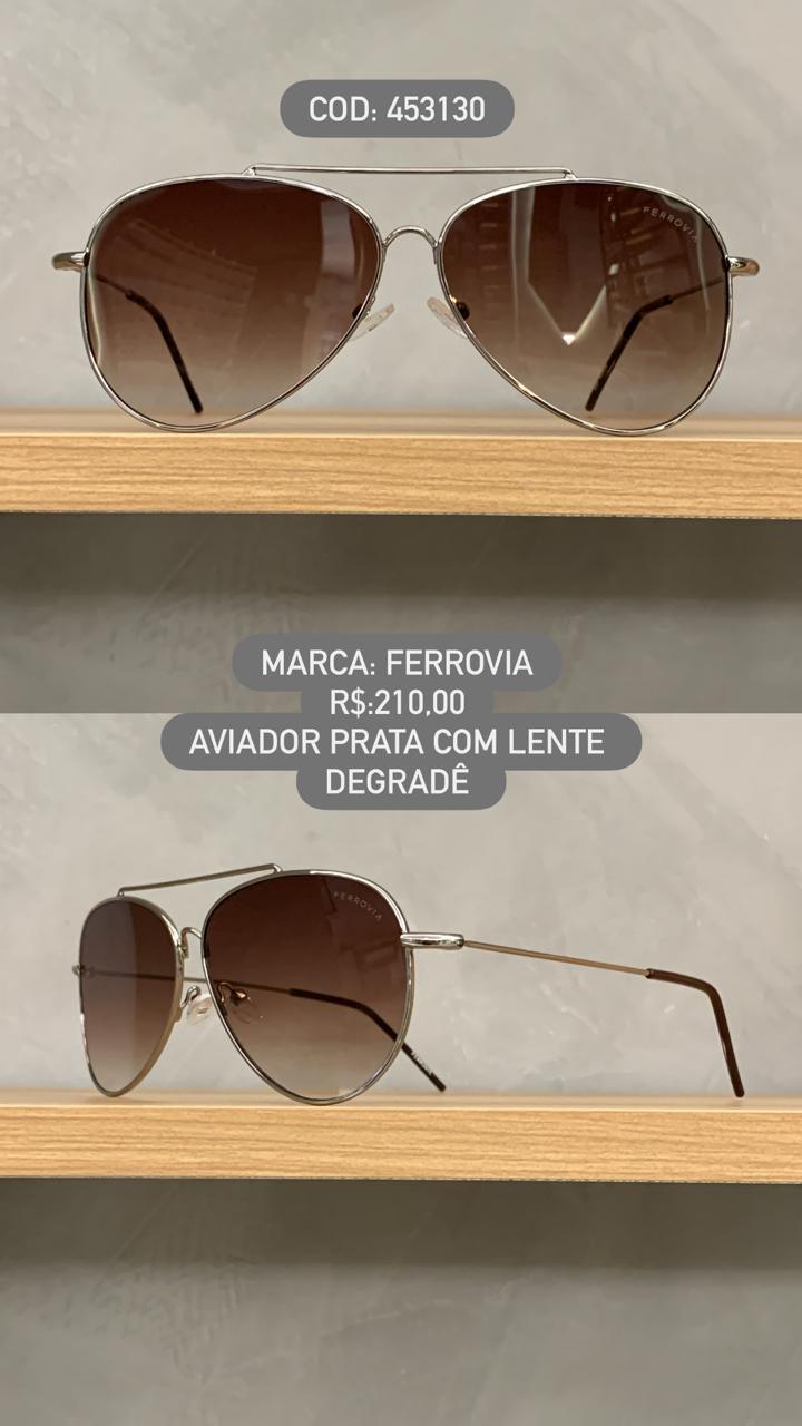 Óculos de Sol Ferrovia Prata Aviador com Ponte Alta Lente Degrade Marrom Metal 453130