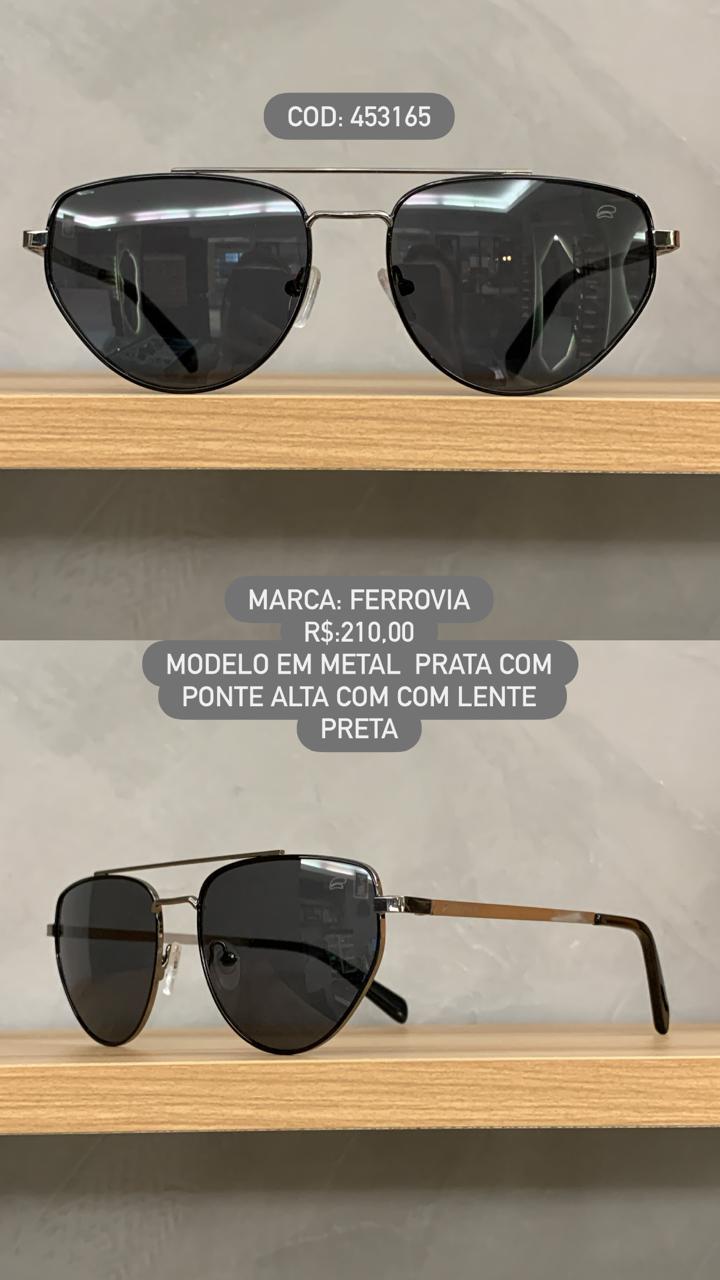 Óculos de Sol Ferrovia Prata com Ponte Alta Lente Preta em Metal 453165