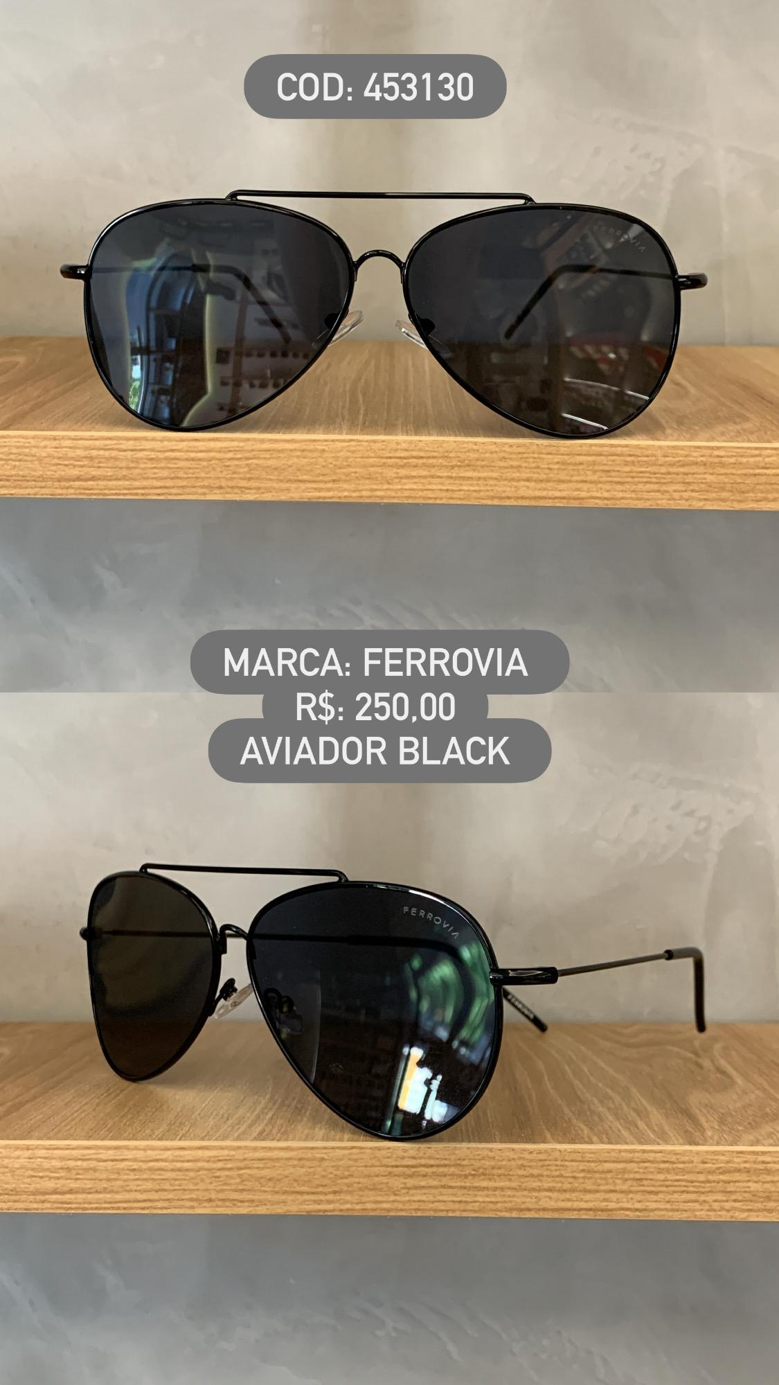 Óculos de Sol Ferrovia Preto Aviador com Ponte Alta Lente Preta Metal 453130
