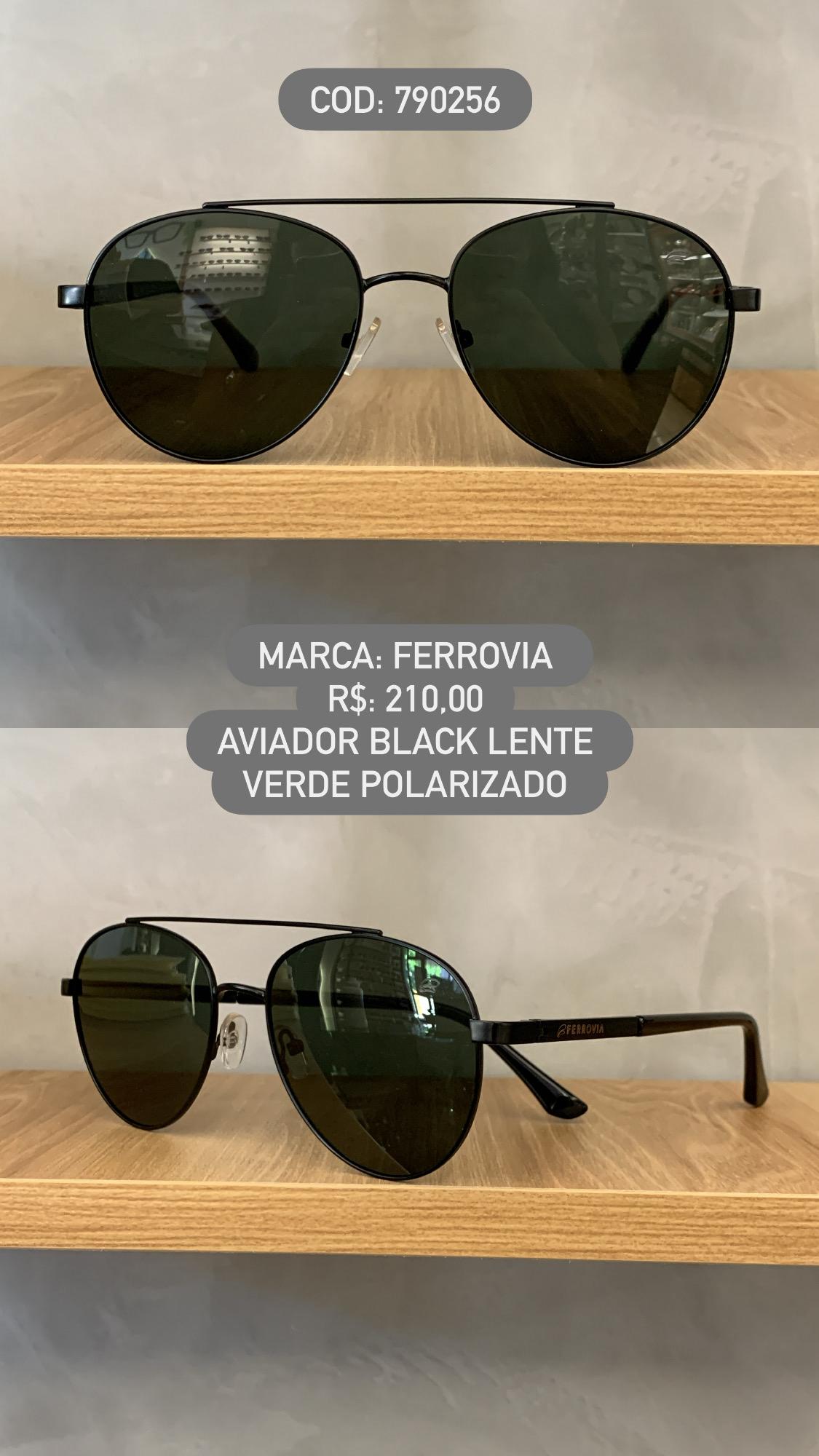 Óculos de Sol Ferrovia Preto Aviador Redondo Ponte Alta Metal Lente Verde Polarizada 790256