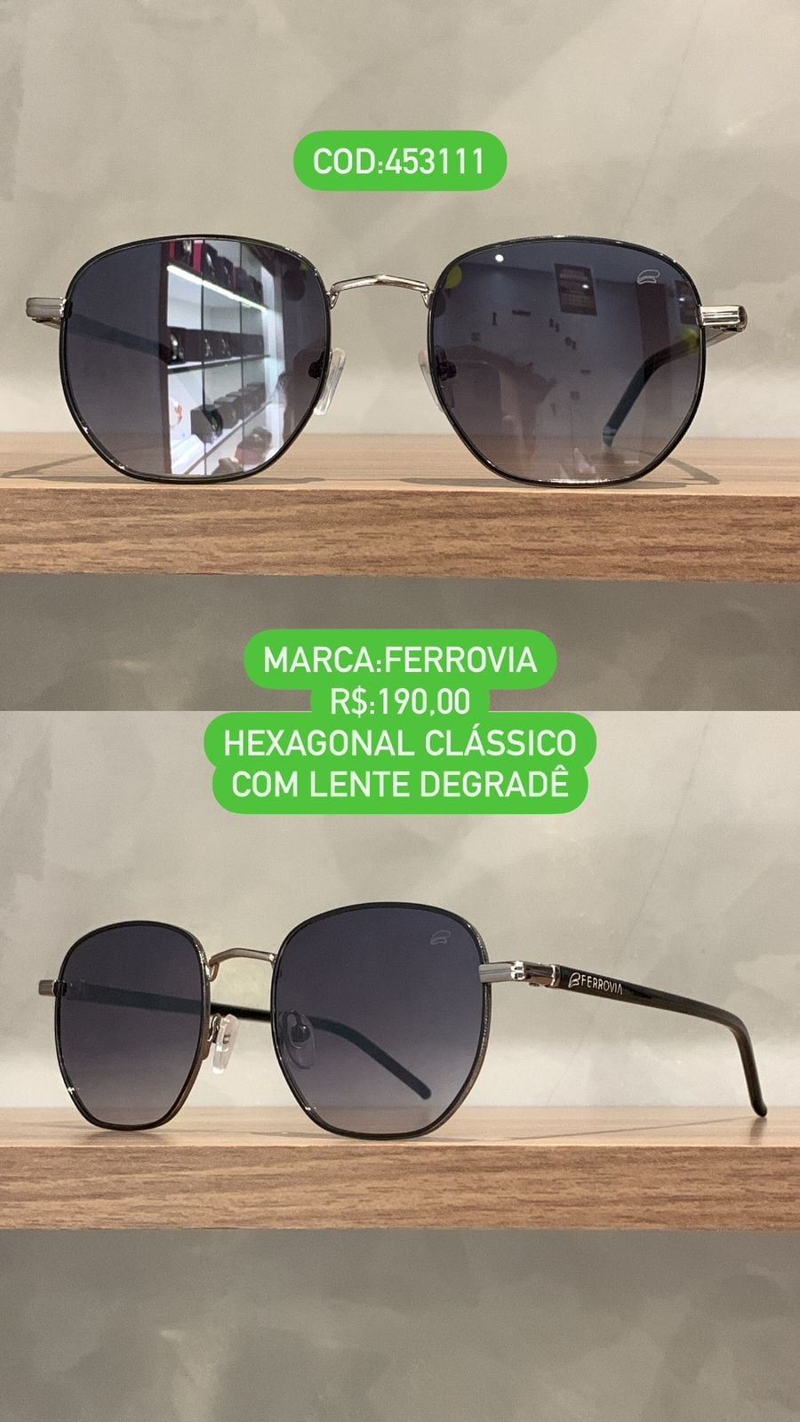Óculos de Sol Ferrovia Preto com Prateado Esmaltado Hexagonal Atemporal Metal e Acetato Lente Degrade 453111