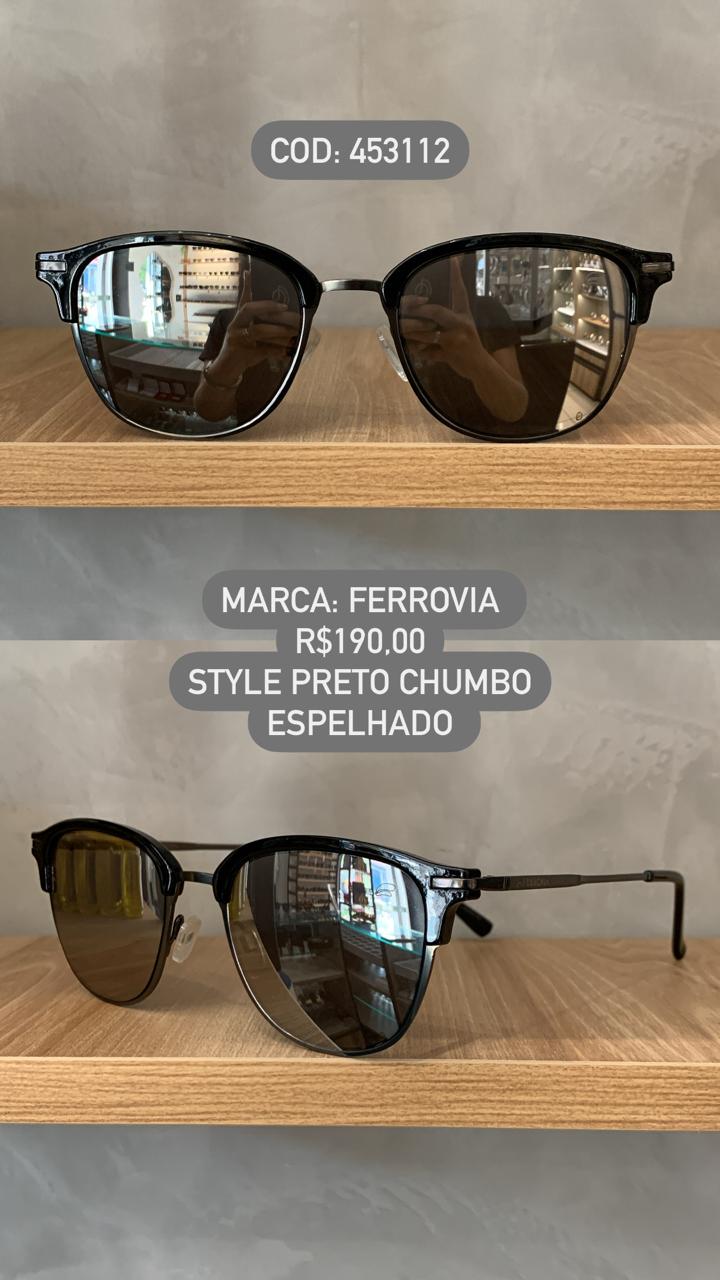 Óculos de Sol Ferrovia Preto e Chumbo Esmaltado Quadrado Lente Espelhada Metal e Acetato 453112