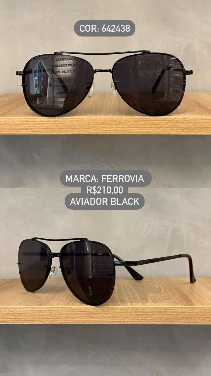Óculos de Sol Ferrovia Preto Aviador com Ponte Alta Lente Preta Metal  642438
