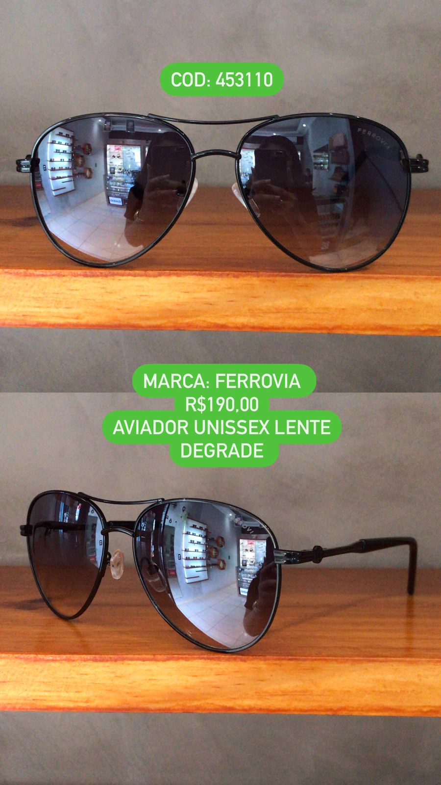 Óculos de Sol Ferrovia Preto Esmaltado Aviador Metal Lente Degrade com Ponte Alta 453110