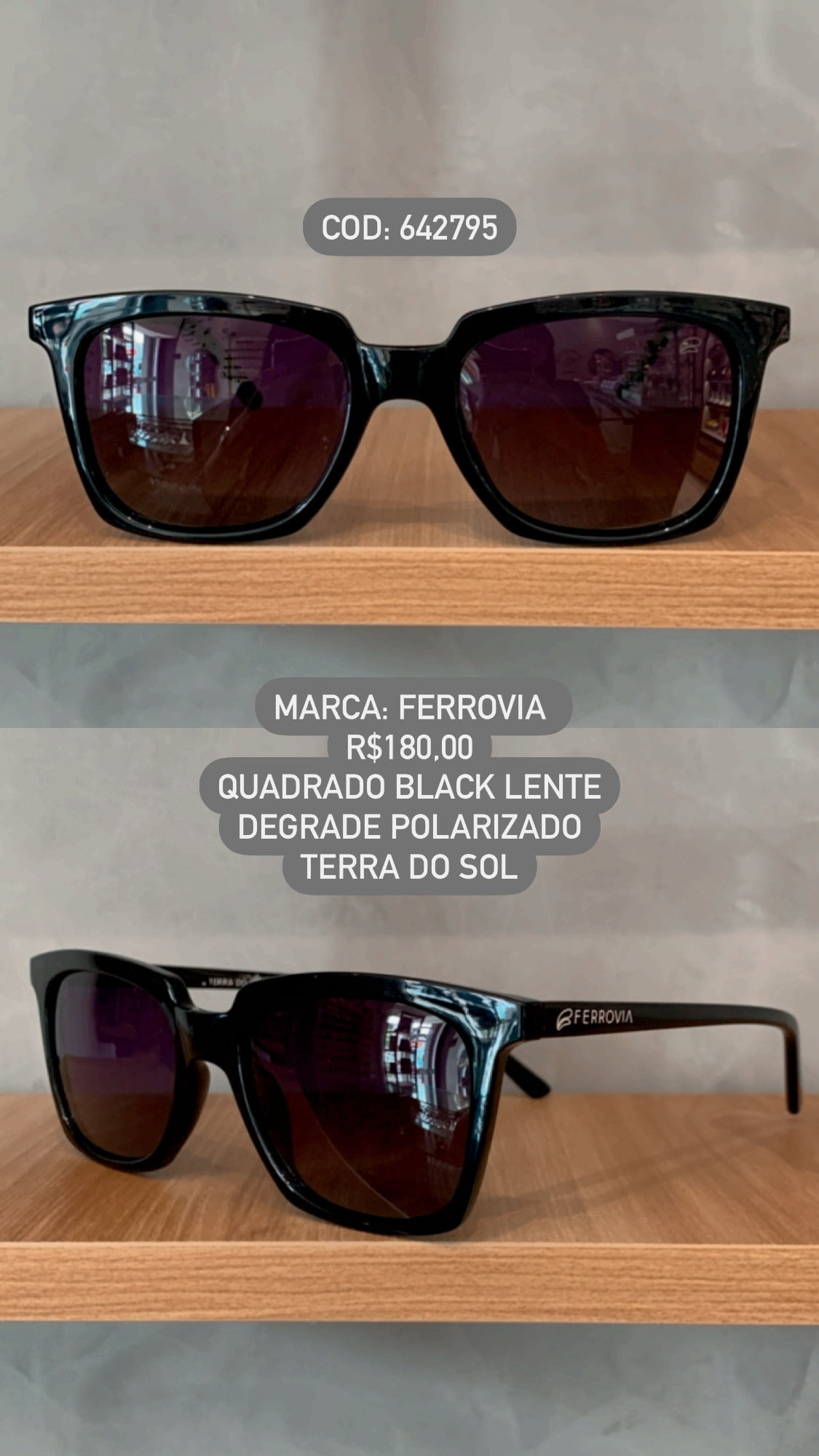 Óculos de Sol Ferrovia Preto Esmaltado Quadrado com Lente Degrade Acetato Polarizado Linha Terra do Sol 642795