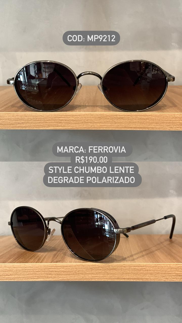 Óculos de Sol Ferrovia Preto Esmaltado Redondo Metal Lente Preta Polarizado MP9212