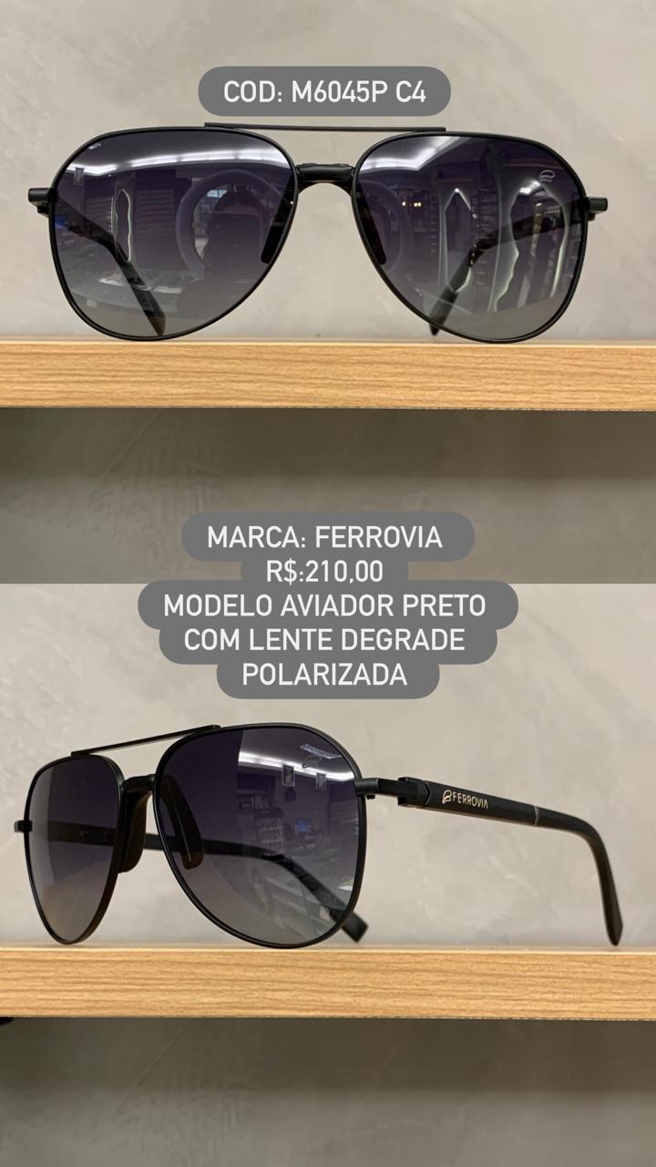 Óculos de Sol Ferrovia Preto Fosco Aviador com Lente Preta Degrade Polarizado em Metal M6045P C4