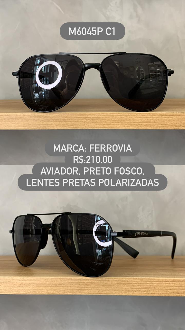 Óculos de Sol Ferrovia Preto Fosco Aviador com Lente Preta Polarizado em Metal M6045P C1