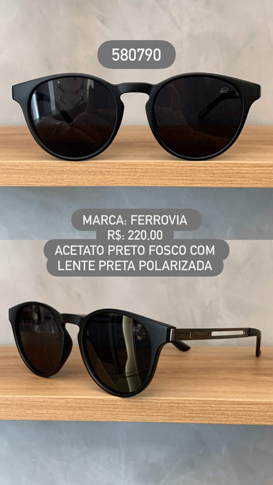 Óculos de Sol Ferrovia Preto Fosco Redondo Lente Preta Polarizada 580790
