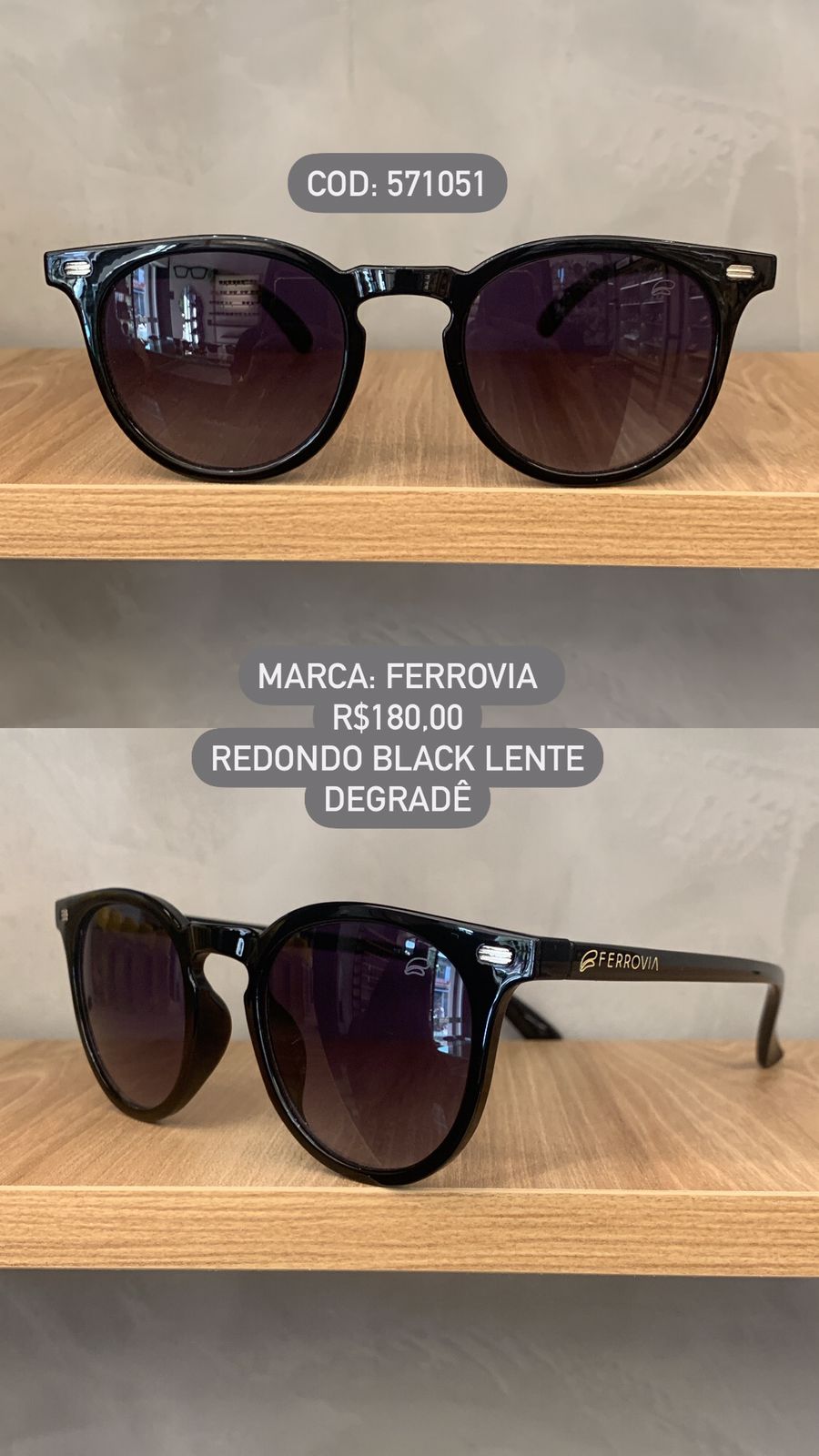 Óculos de Sol Ferrovia Preto Redondo com Lente Degrade em Acetato 571051